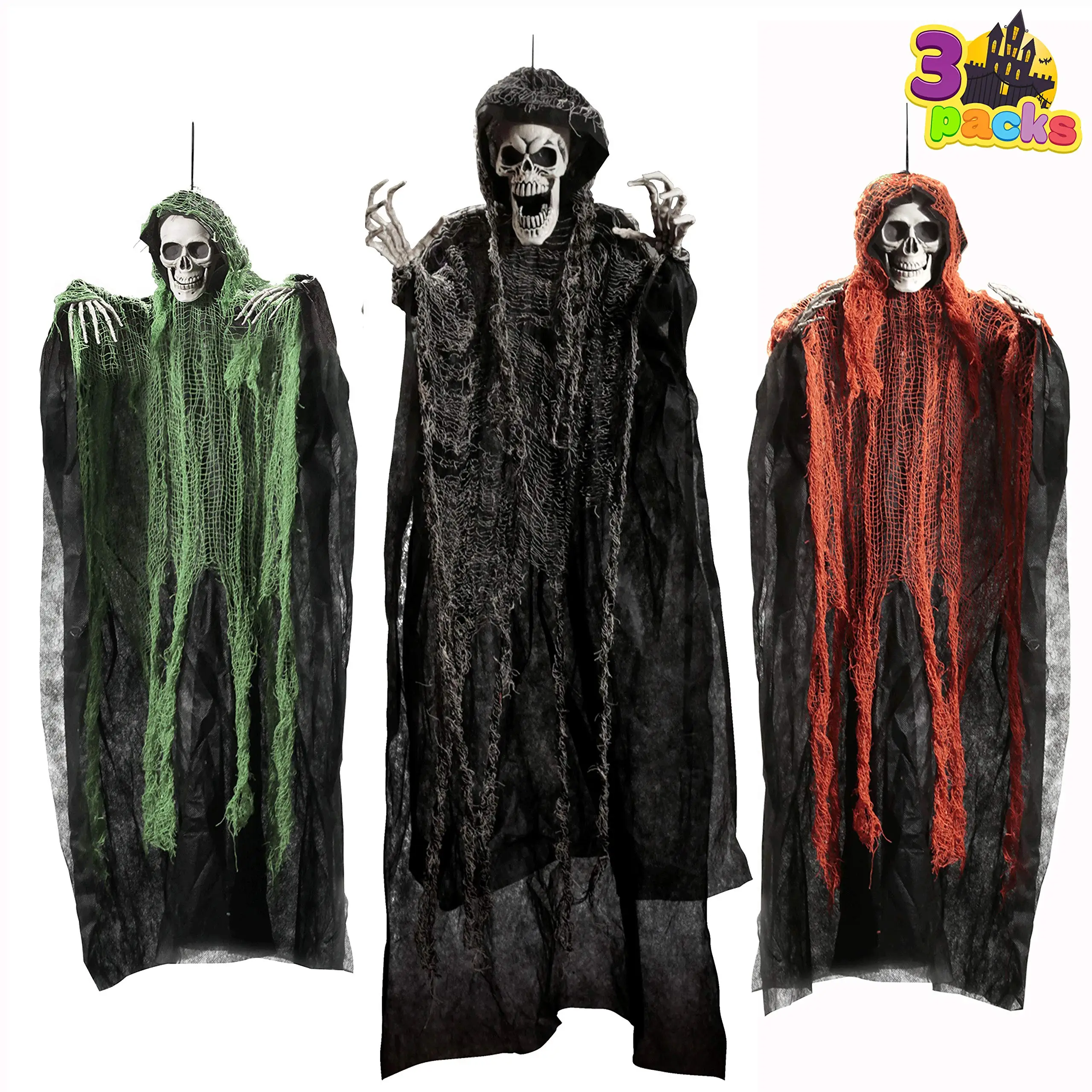 JOYIN Halloween Hanging Grim Reapers (3 Pcs), One 47” and Two 35” Grim Reapers, Halloween Skeleton Flying Ghost for Haunted House Prop Décor, Outdoor Indoor Decor