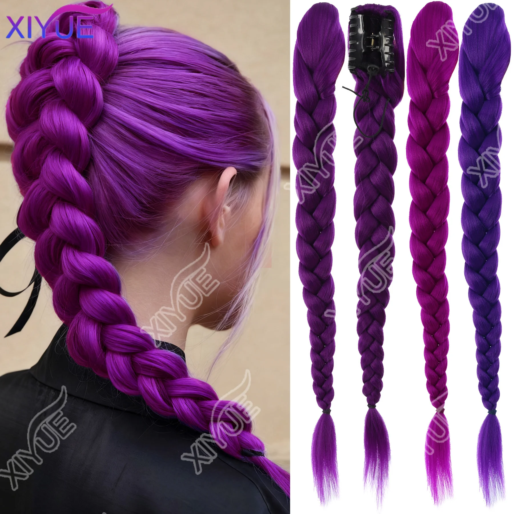 XIYUE 28inch Long Braided Purple Hair Ponytail Extensions Hairstyle Claw Clip Hair Wig for woman for Chritmas Theme Party Hair