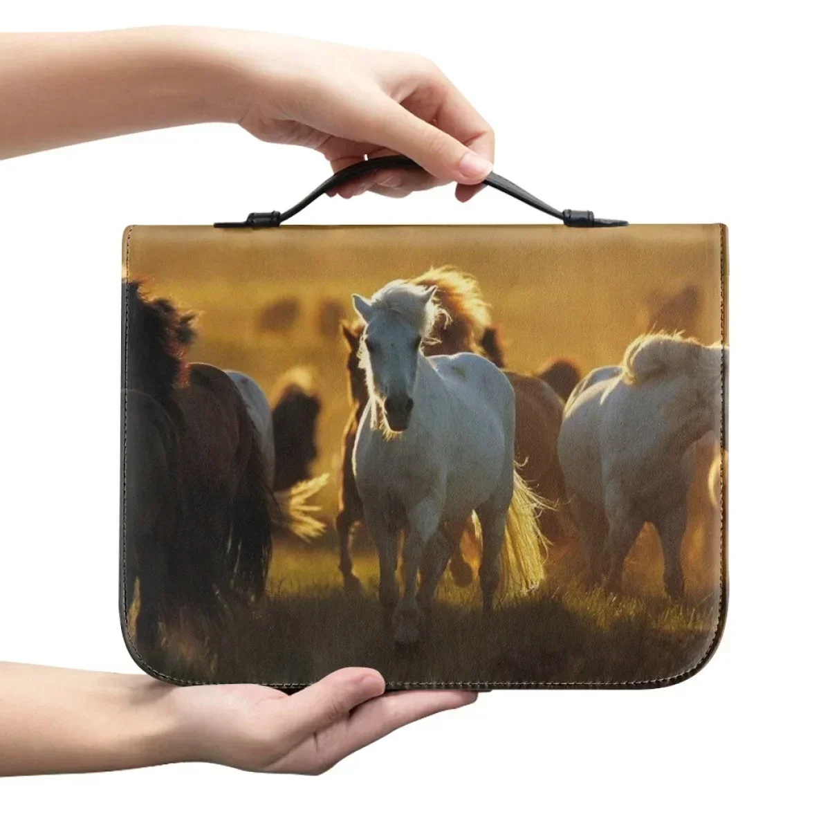 

New Fashion Running Horse Print Bible Cover Case for Women Leather Zipper Handle Handbags Practical Christian Bible Storage Bags