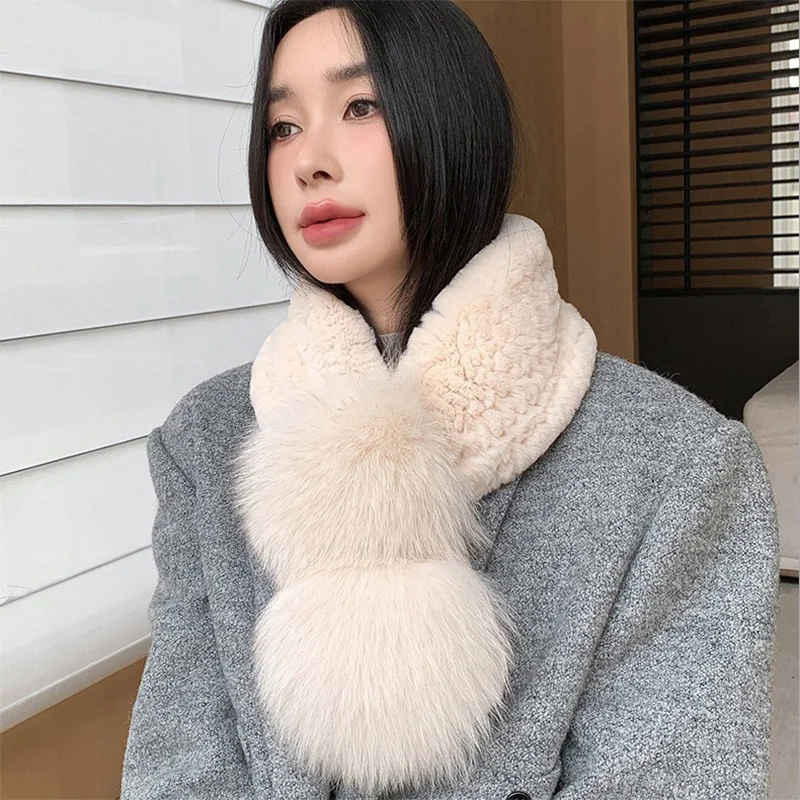 New Women's Scarf Natural Rex Rabbit Fur Korean Fashion Real fur Fox Fur Winter Casual Warm Windproof Bib 2023