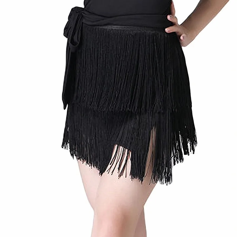 Women Clothing Black Tassel Trim Hip Wrap Skirt 1pc Asymmetrical Hem Latin Tango Ballet Dance Short Skirt