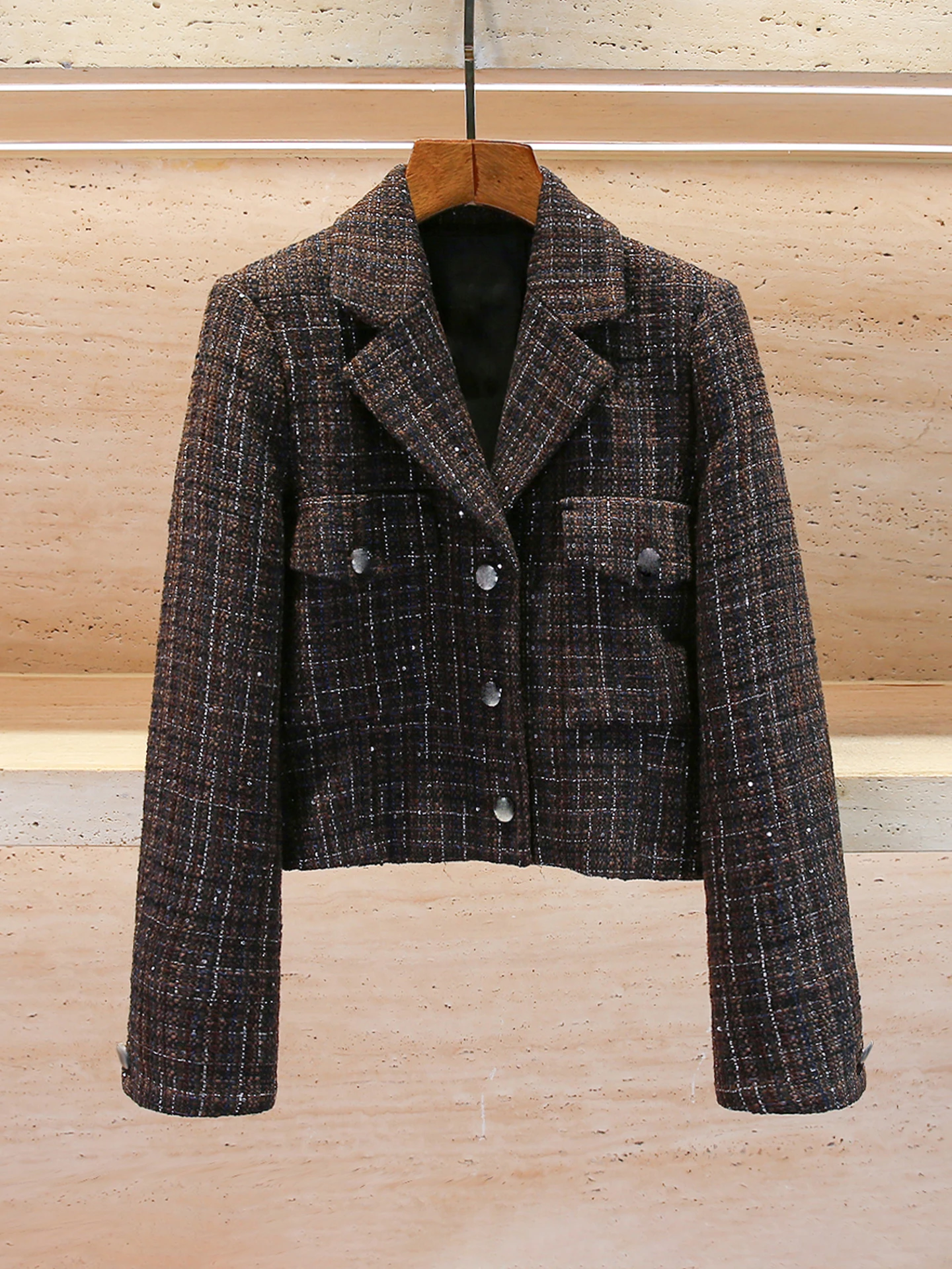 

M Home Nan You Высококачественная женская осенне-зимняя винтажная клетчатая твидовая куртка с блестками, верхняя одежда или длина, повседневная одежда на пуговицах