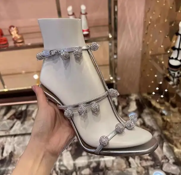 Summer Sliver Crystal Ball Tassel Ankle Buckle Strap Sandals Women Fashion Open Toe Thin High Heel Banquet Dress Shoes Lady