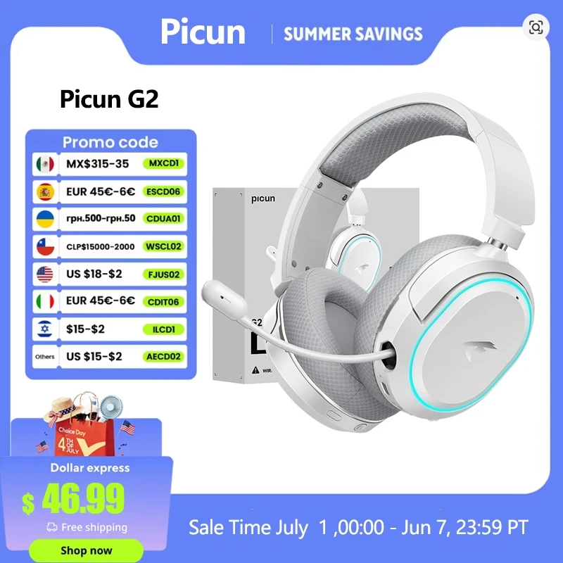 Picun G2 2.4GHz Bluetooth Wireless Gaming Headset For PC PS4 PS5 Phone Switch 5ms Low Latency 7.1 Surround Wired Headset ENC Mic