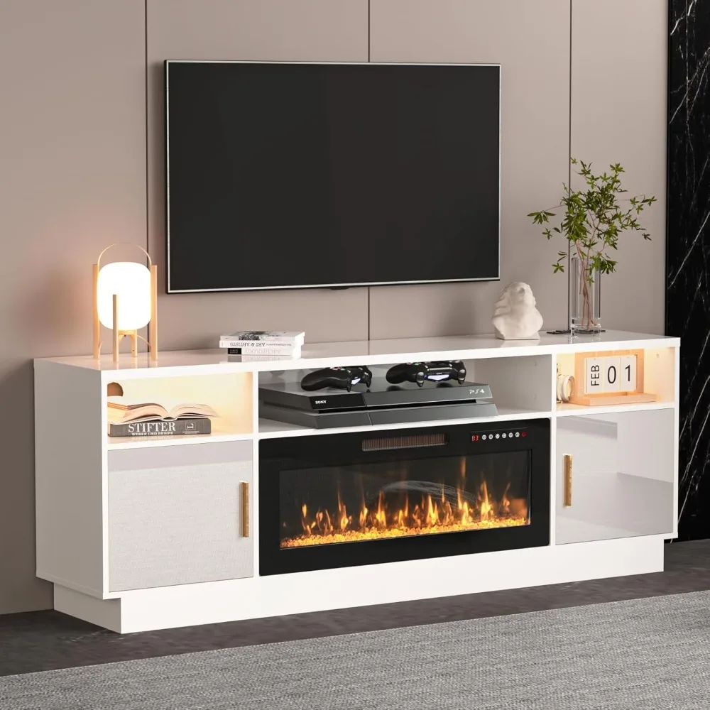 

Electric Fireplace TV Stand with Led Lights and Outlets-Entertainment Center for Up to 80 inch TV-Modern TV Console