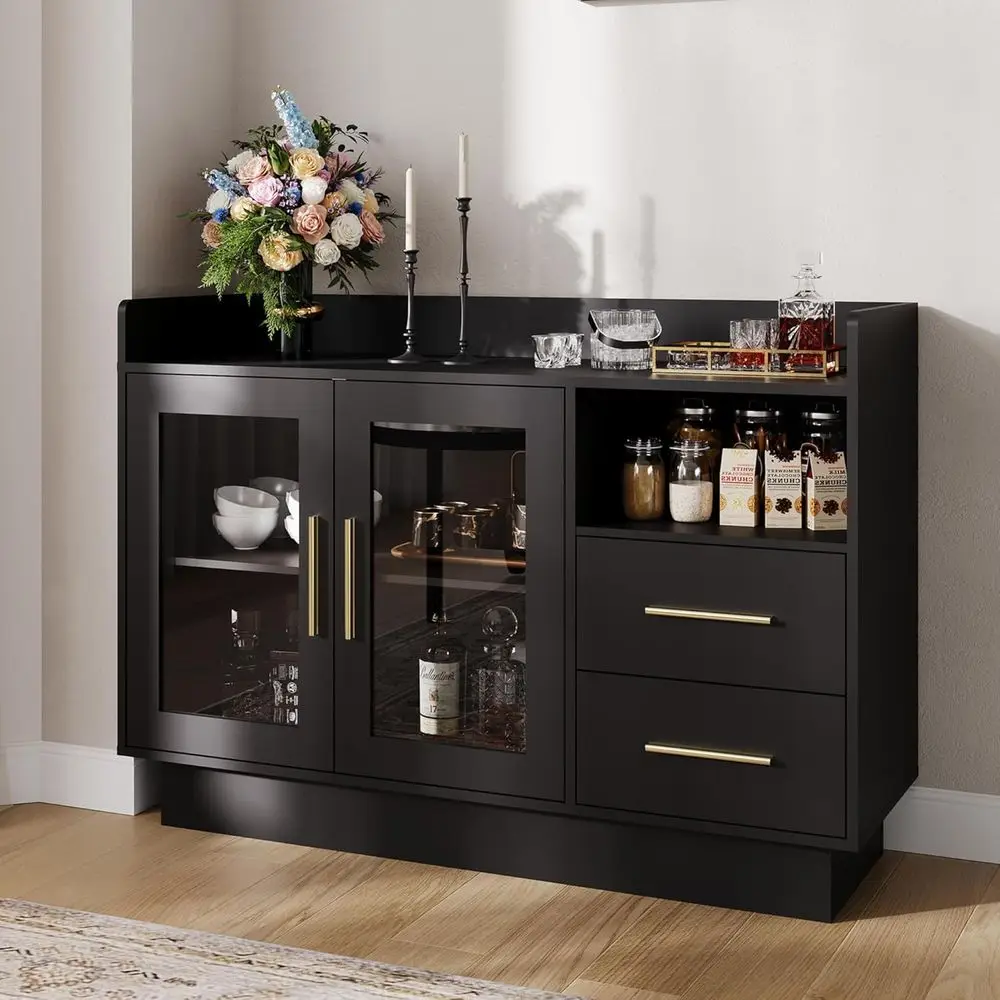 

Illuminated Glass Door Bar Cabinet for Home, Kitchen, Dining, and Wine Storage in Black