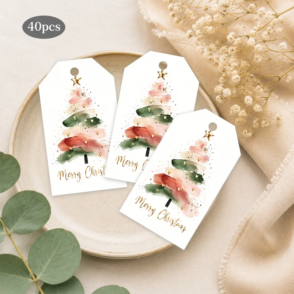 40pcs Gentle Watercolor INS Christmas Decorative Tags,Holiday Gift Labels, Party Decoration,Handmade Packaging Accents,Jute Rope