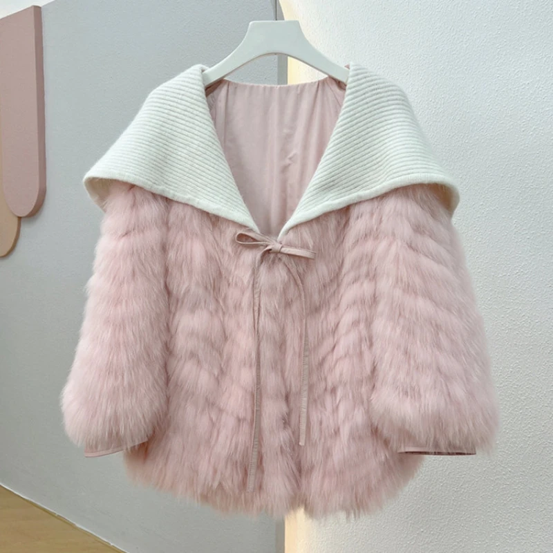 

2023 Knitted Navy Collar Real Fur Coats Women Fashion Jacket Warm Winter Natural Fox Fur Stripe Sewed Toghter Streetwear