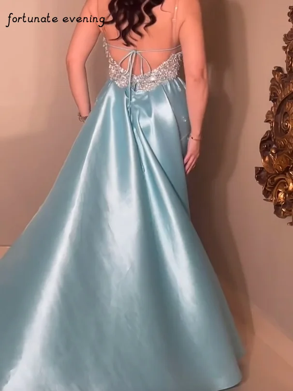 Fortunate Evening Elegant Vintage Sweet Blue Beads Crystal Backless Sexy Mermaid Formal Occasion Prom Dress Evening Party Gowns