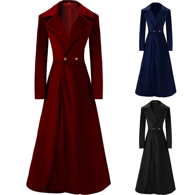 المرأة القرن التاسع عشر أنيقة محززة التلبيب خندق معطف المخملية ماكسي طول القوطية الفيكتورية سليم صالح سترة طويلة #1