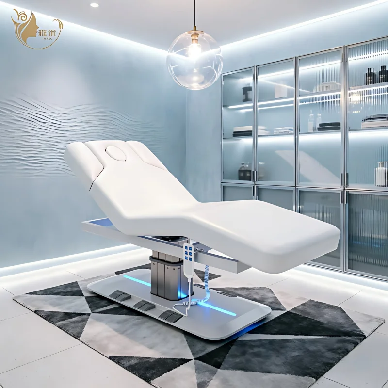 Electric 3 Motor Massage Bed With Buff Synthetic Leather Top And Metal Frame For Professional Spa Treatment Rooms