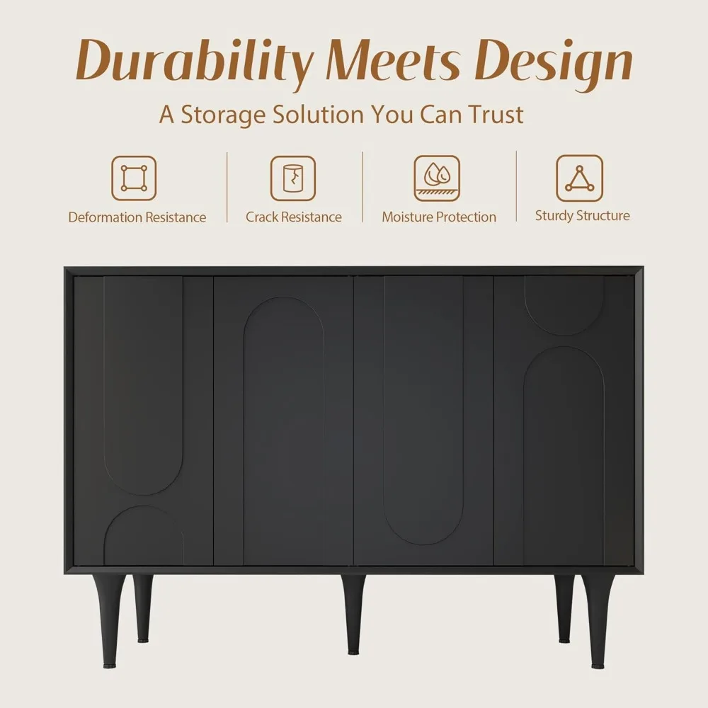 Modern Sideboard Buffet Cabinet, Accent Wooden Storage Cabinets with 2 Doors, Adjustable Shelves and Decorative Wave Panel Store