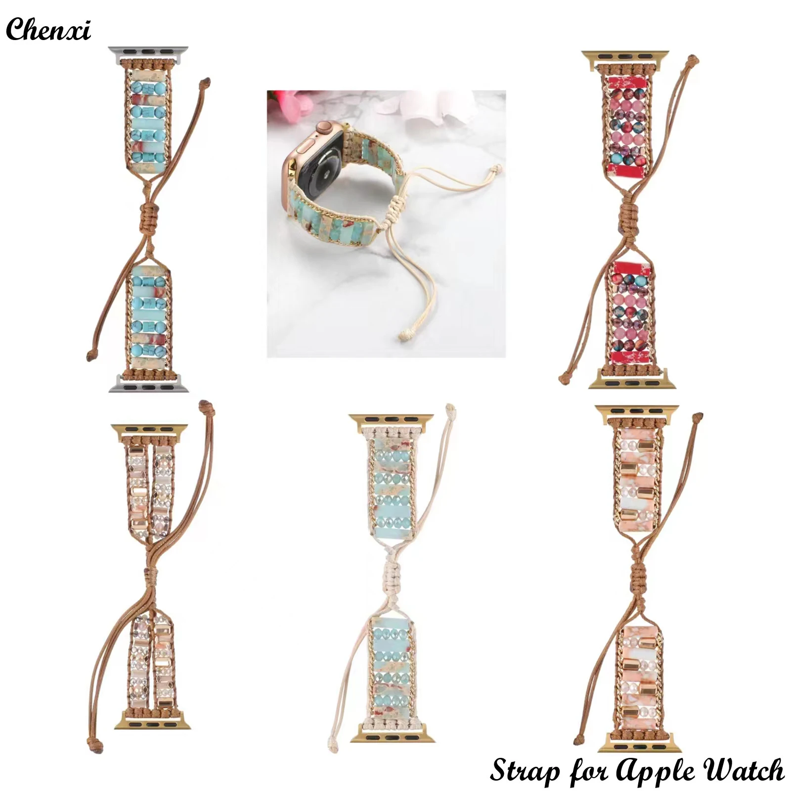 Fashion Metal Strap for Apple Watch Band Ornament Bracelet Chain for Iwatch87654321SE Ultra 40 41 44 45mm Stone Woven Lady Wrist