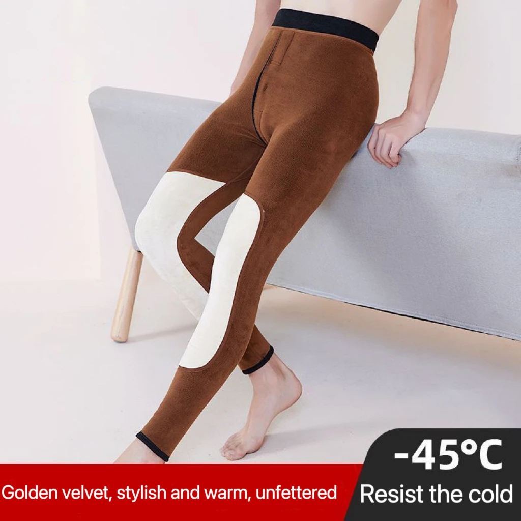 1pcs -20℃ Men Plush Thick Camel Hair Trouser Thickening Thermal Waist Protection Pant High Waisted Warm Knee Pads Leggings