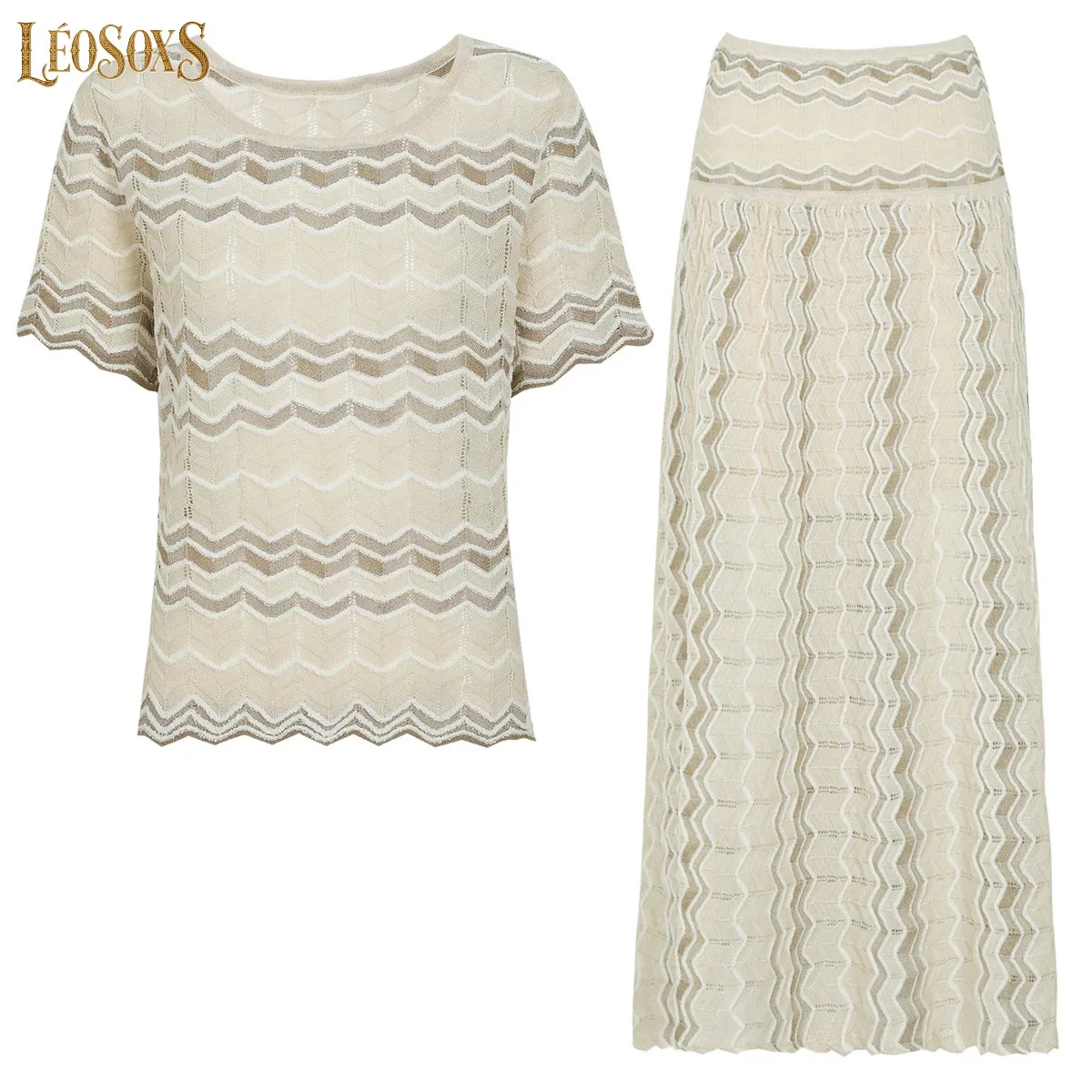 LEOSOXS HighQuality SummerNew Temperament Commuting Wave Pattern Round Neck Knitted Women Top And Skirt TwoPiece Set