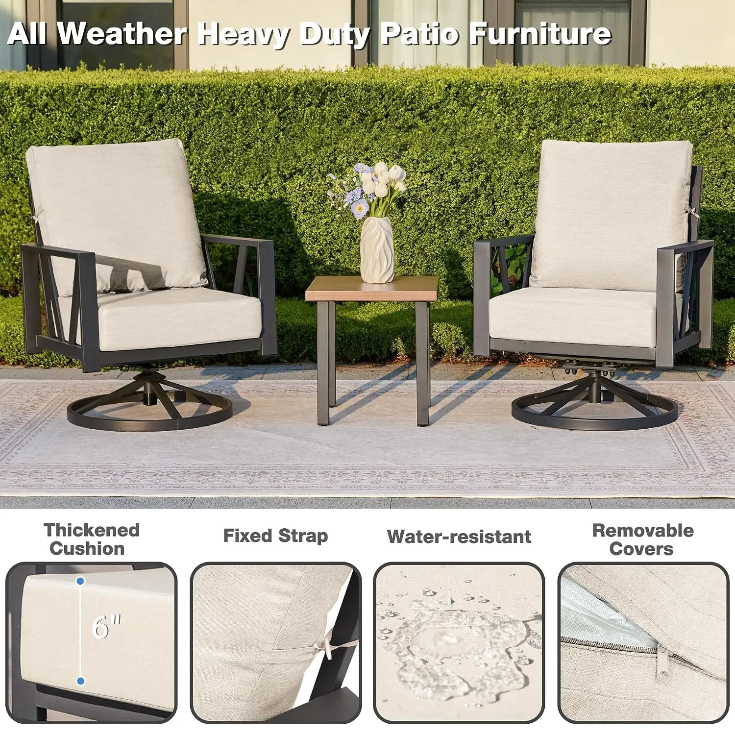 Patio Swivel Rocking Chairs Set of 2 with 6 Inch Cushion Beige, Customized