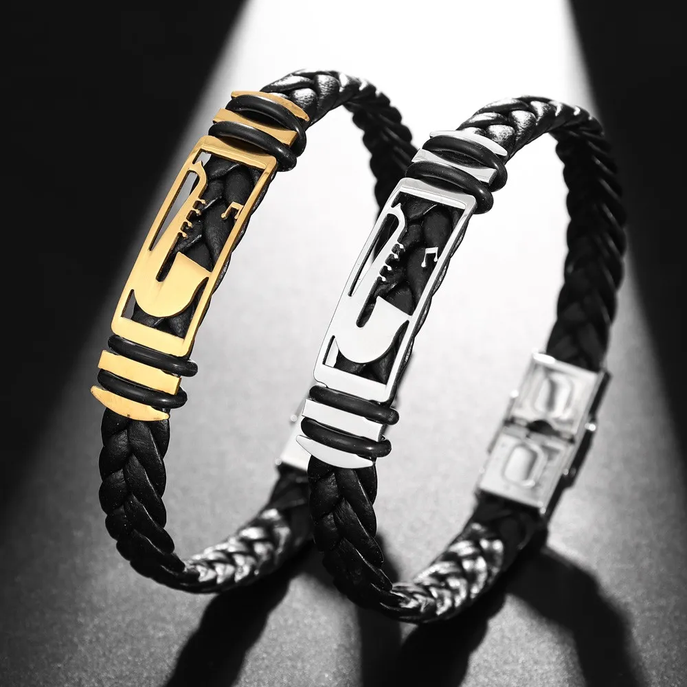 

2026 Vintage Metal Instrument Saxophone Woven Leather Rope Bracelet Fashion Men's Premium Leather Bracelet Gift Wholesale