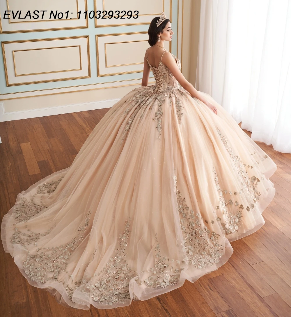 EVLAST Customized Champagne Sequins Ball Gown Quinceanera Dress Lace Applique Beading Corset Sweet 16 Vestidos De 15 Anos E1Q819