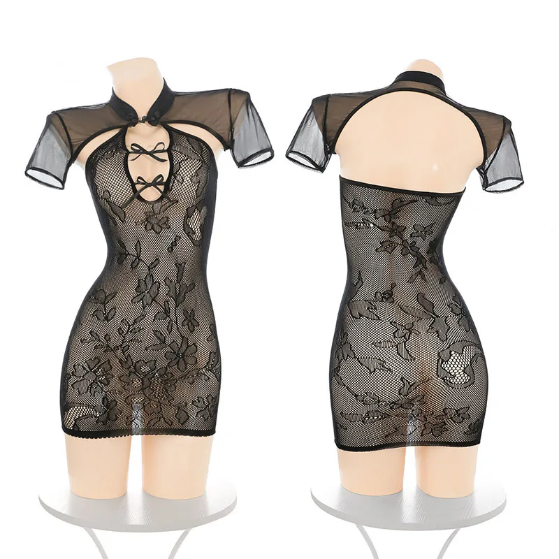 

Sexy Women Sheer Lace Qipao Style Black Dress Set Collar Bow Detail Short Sleeve See-Through Bodysuit Intimate Costume Pajamas