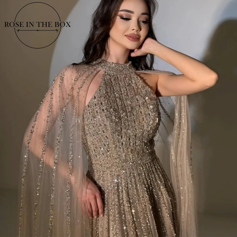 

ROSEINTHEBOX Heavy Beaded Exquisite Luxury Evening Dresses 2025 Floor Length A-line with Cape Sleeves Prom Dress Customized