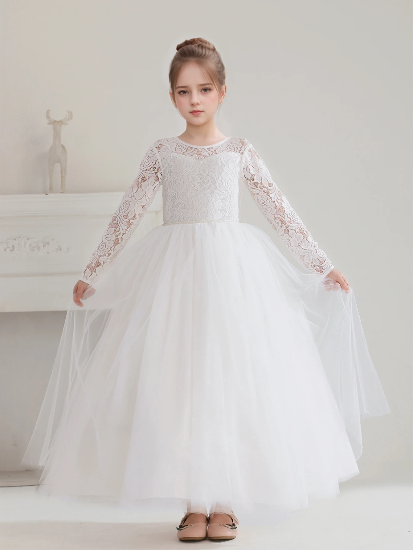 Girls\' Teenage Long Sleeve Lace Dress Wedding White Bridesmaid Evening Gown Long Dress