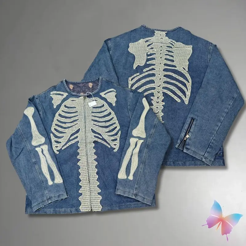 Real Photos Hip Hop Street Kapital Jacket Denim Coats Cowboy Retro Heavy Industry Bone Patch Embroidered Zipper Jacket Men Women