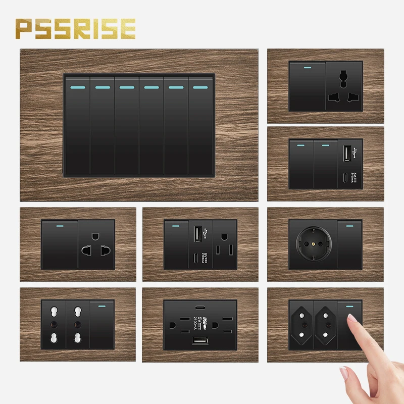 

PSSRISE Brazil Thai US Wall Switch Socket with 5V 2.1A USB Type-c Charger Wood Grain Panel Light Switch Computer TV Power Outlet