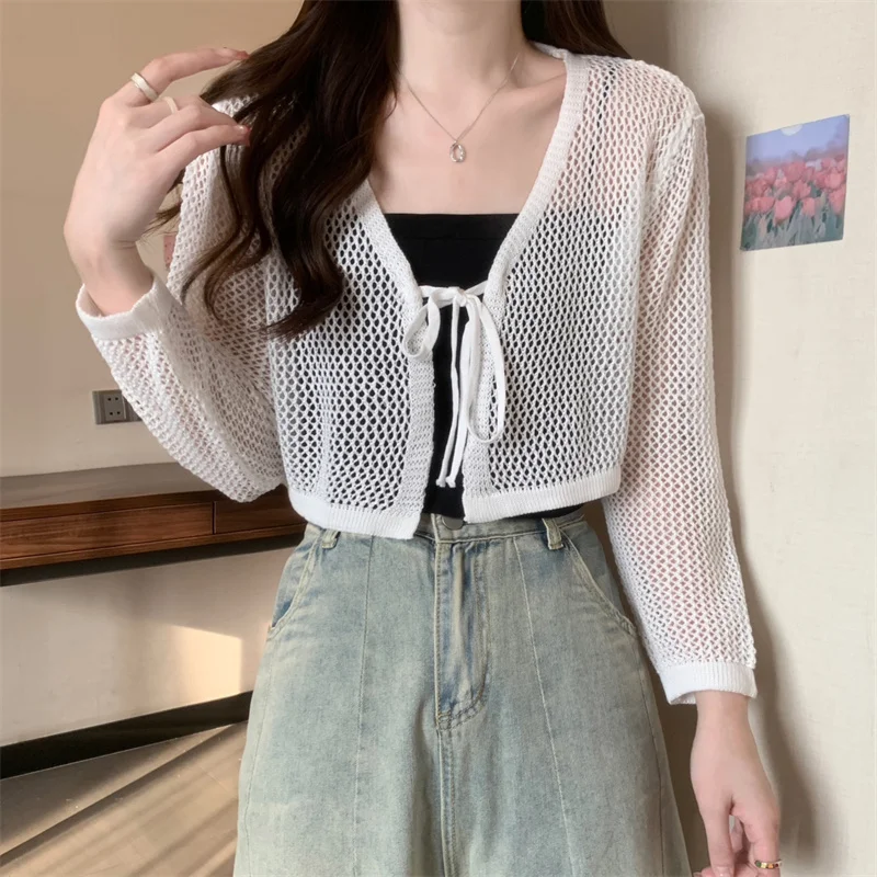 Summer Hollow Out Cardigan Women Full Sleeve Sweaters Shirts Lady Crop Tops Female Elastic Cardigans