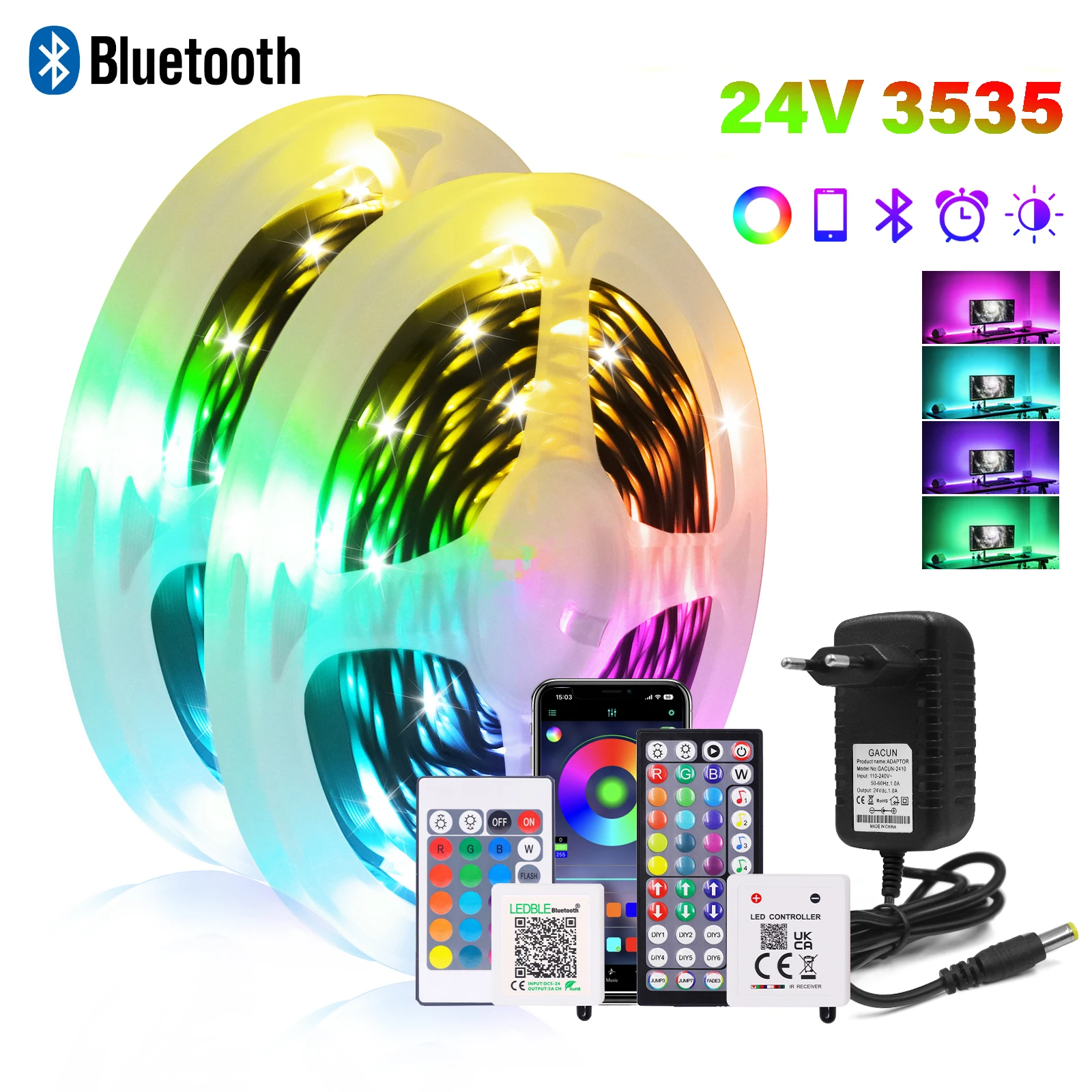 

5M 10M 15M 20M RGB 3535 DC24V Led Strip Lights Tape 24/44Keys Remote Bluetooth APP Control Color Change Lamp for Bedroom Decor