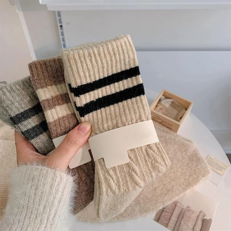 5/10 Paar Damen Herbst-Winter gestreifte mittelhohe Socken, warm, bequem, modisch, College-Stil, dreidimensionale Textur, lässige Socken – Detail 7
