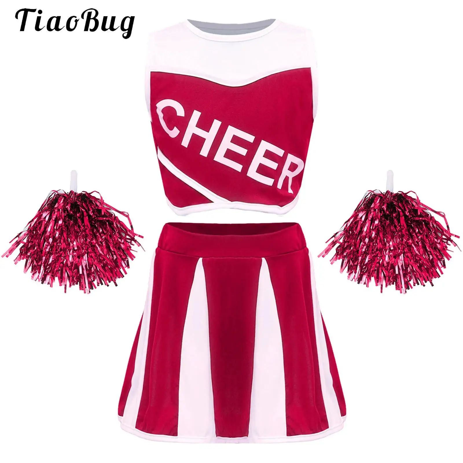 School Girls Cheerleading Costumes Sleeveless Short Top And Skirt And Hand Flower for Football Games Cheerleader Dance Uniform
