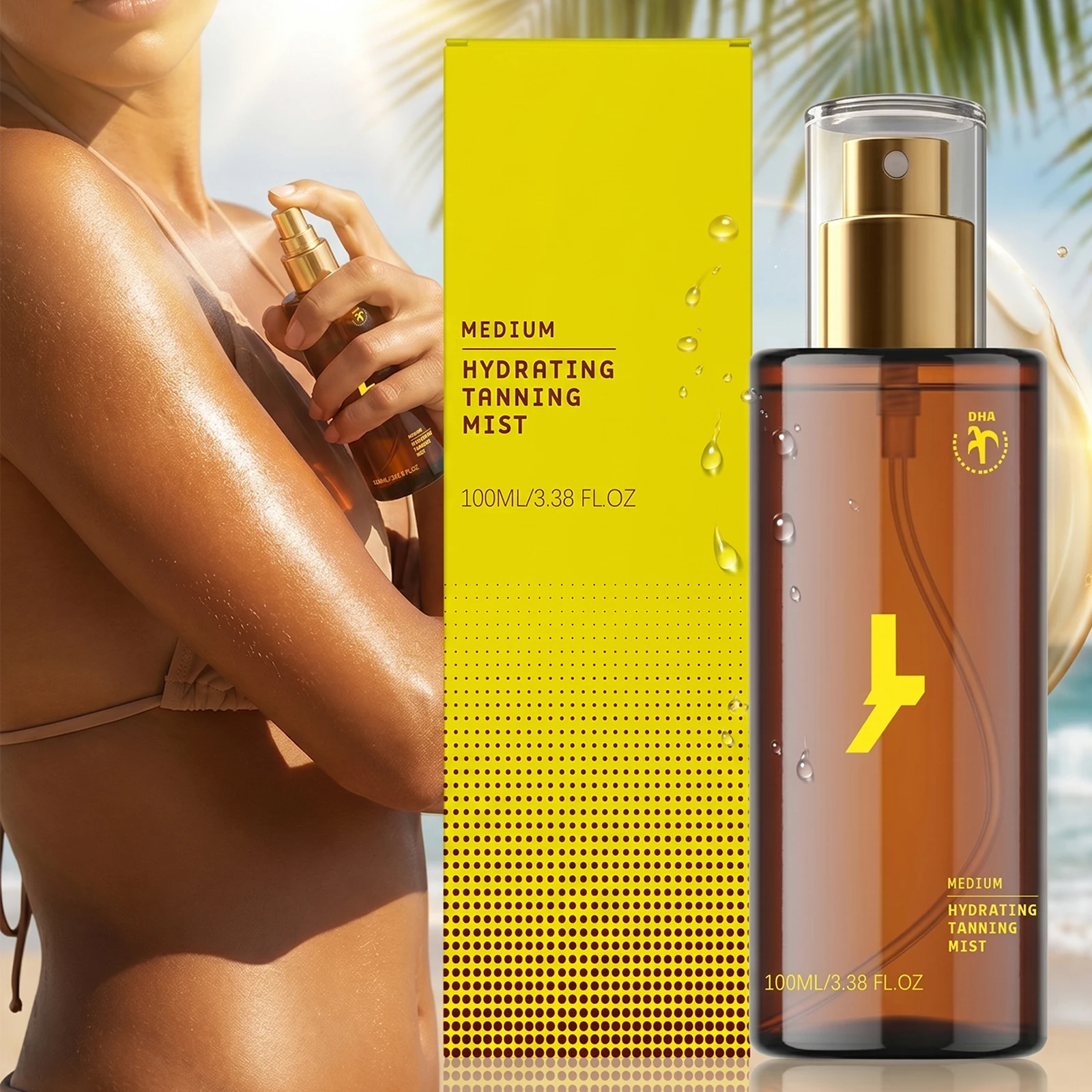 Spray Autobronzeador 100ml para um Brilho Natural com Efeito Beijado pelo Sol, Bronzeado Sem Sol de Longa Duração, Secagem Rápida, Hidratante, Vegano, DHA, Sem Manchas