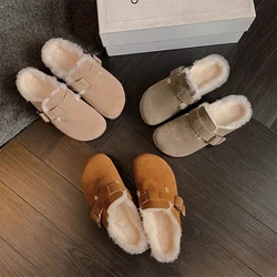 New Women's Slippers Autumn Winter Leather Round Toe Slippers Couple Slippers Outdoor Casual Keep Warm Women Suede Slides Shoes