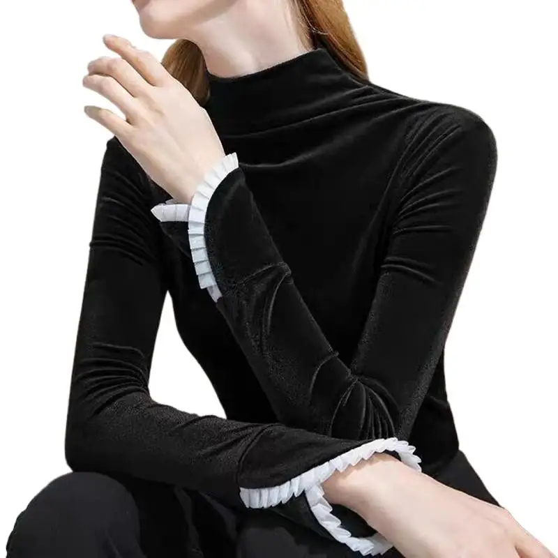 Jaqueta de renda feminina dames herfst winter coltrui truien fluwelen blouse, plus size patchwork velours shirts met lange mouwen