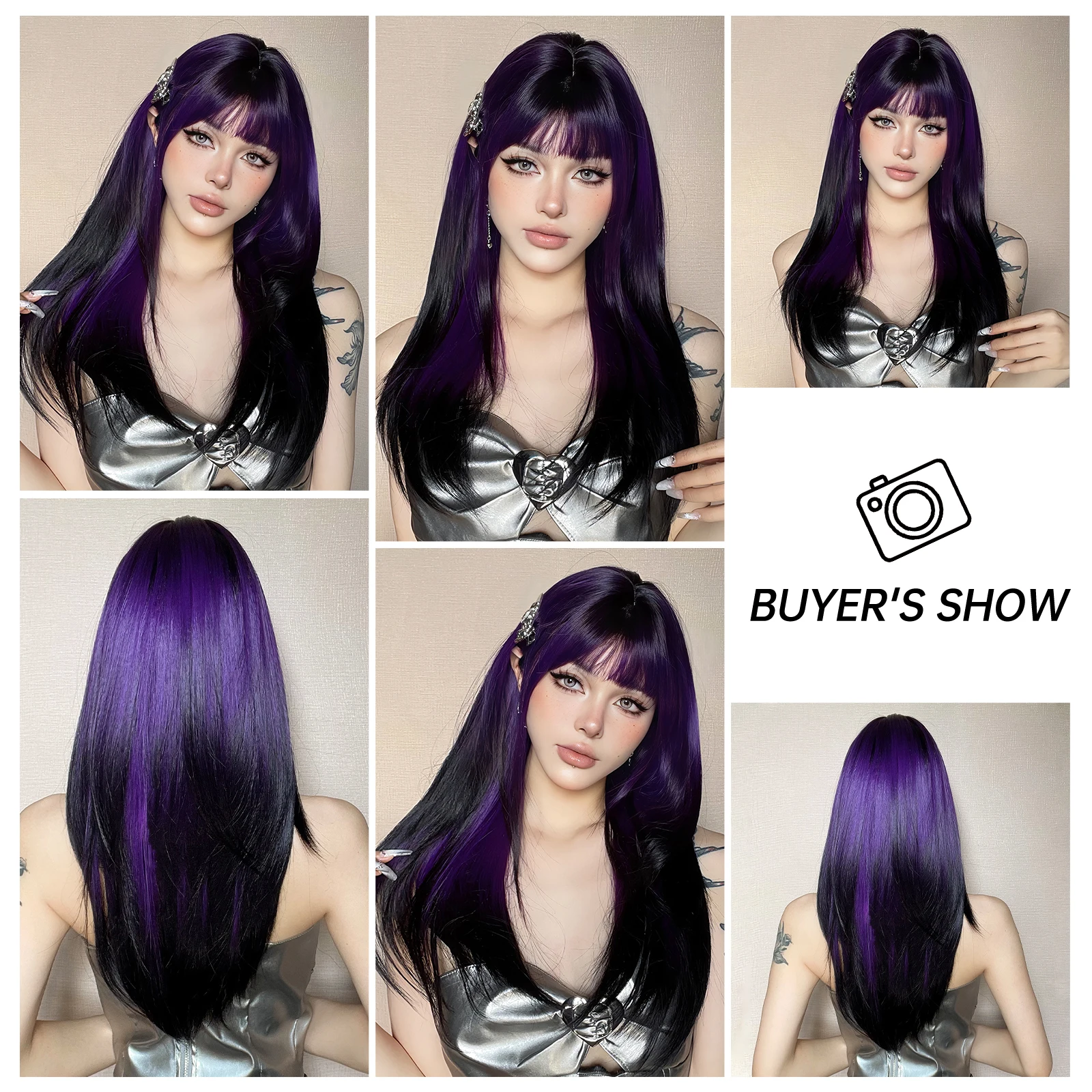 Peruca sintética reta longa com franja para mulheres, resistente ao calor, cabelo natural, preto e roxo, ombre, cosplay, peruca em camadas, festa