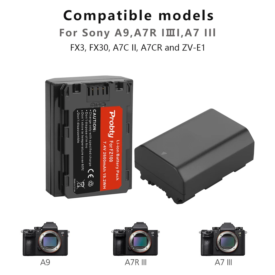 Probty-交換用バッテリーとデュアルUSB充電器、2600mah、Sony ZV-E1