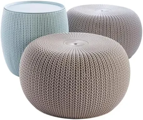 Urban Knit Pouf Ottoman Set of 2 with Storage Table for Patio and Room Décor - Perfect for Balcony, Deck, and Outdoor