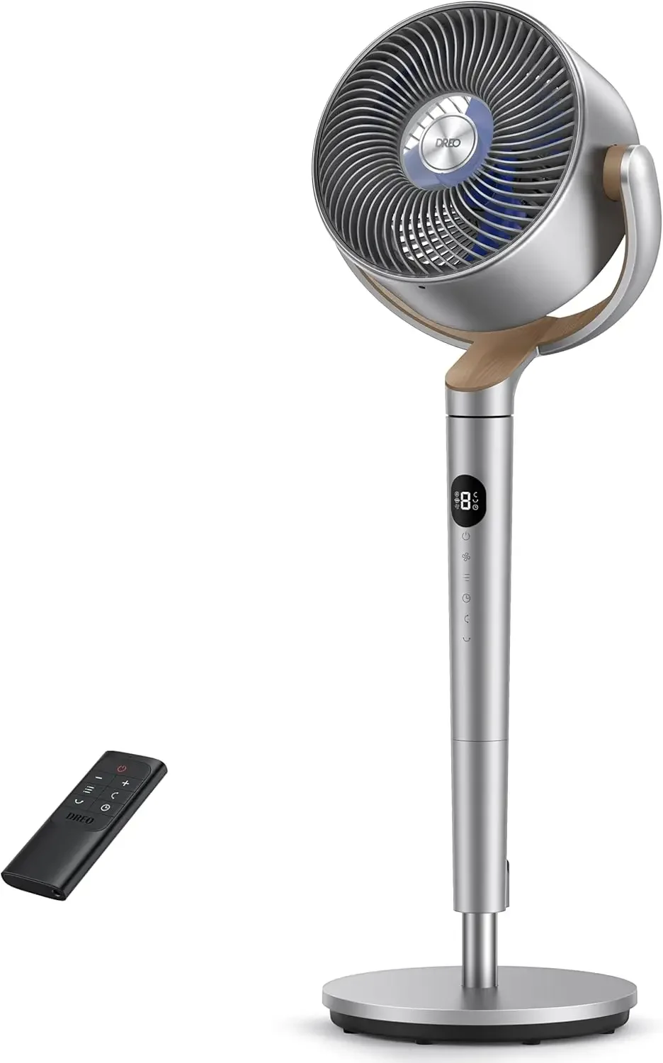 

Standing Pedestal Fan Omnidirectional Oscillating DC Motor Quiet 20 Decibel 90 Foot Range 8 Speeds 3 Modes Circulator Remote Con