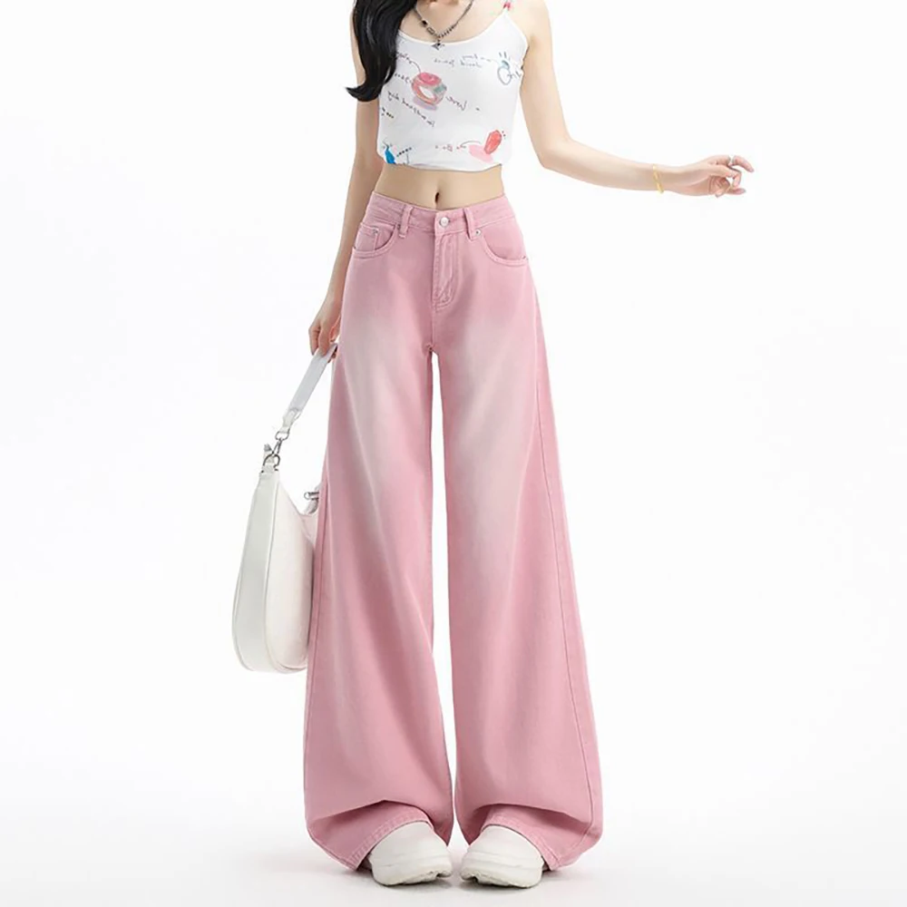 Pantaloni in denim rosa sfumato alla moda per donna Jeans classici dritti a gamba larga Streetwear 2026 Pantaloni larghi casual della nuova primavera