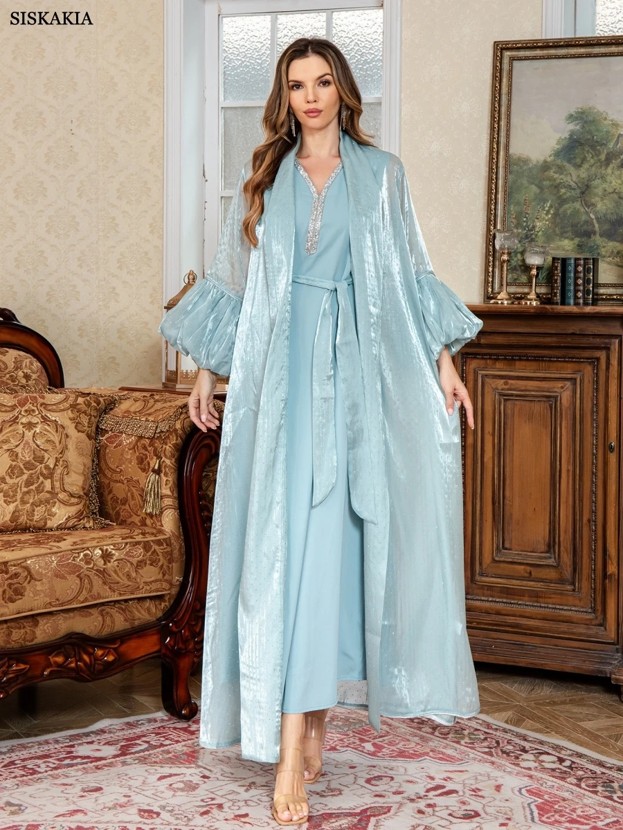 

Siskakia Fashion Solid Abayas Two-piece set Dubai Puff Sleeve Open Abaya Belt includedc Kaftan