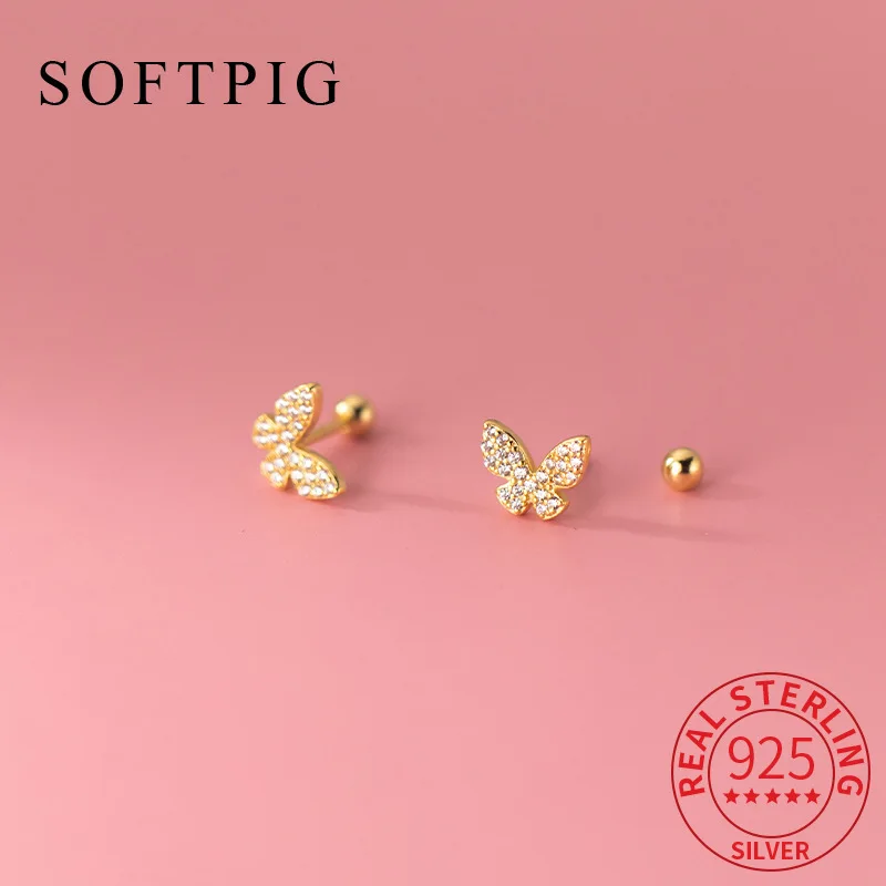 

SOFTPIG Real 925 Sterling Silver Zircon Butterfly Bead Screw Mini Stud Earrings for Women Classic Fine Jewelry Insect Accessory