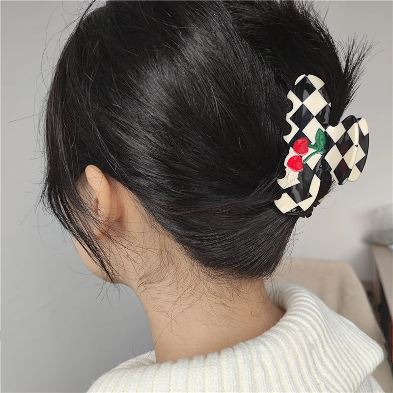 HANGZHI Retro Checkered Cherry Shark Hair Claw Pink Heart Lemon Print Ponytail Hair Clip for Women 2023 New Trendy Headwear