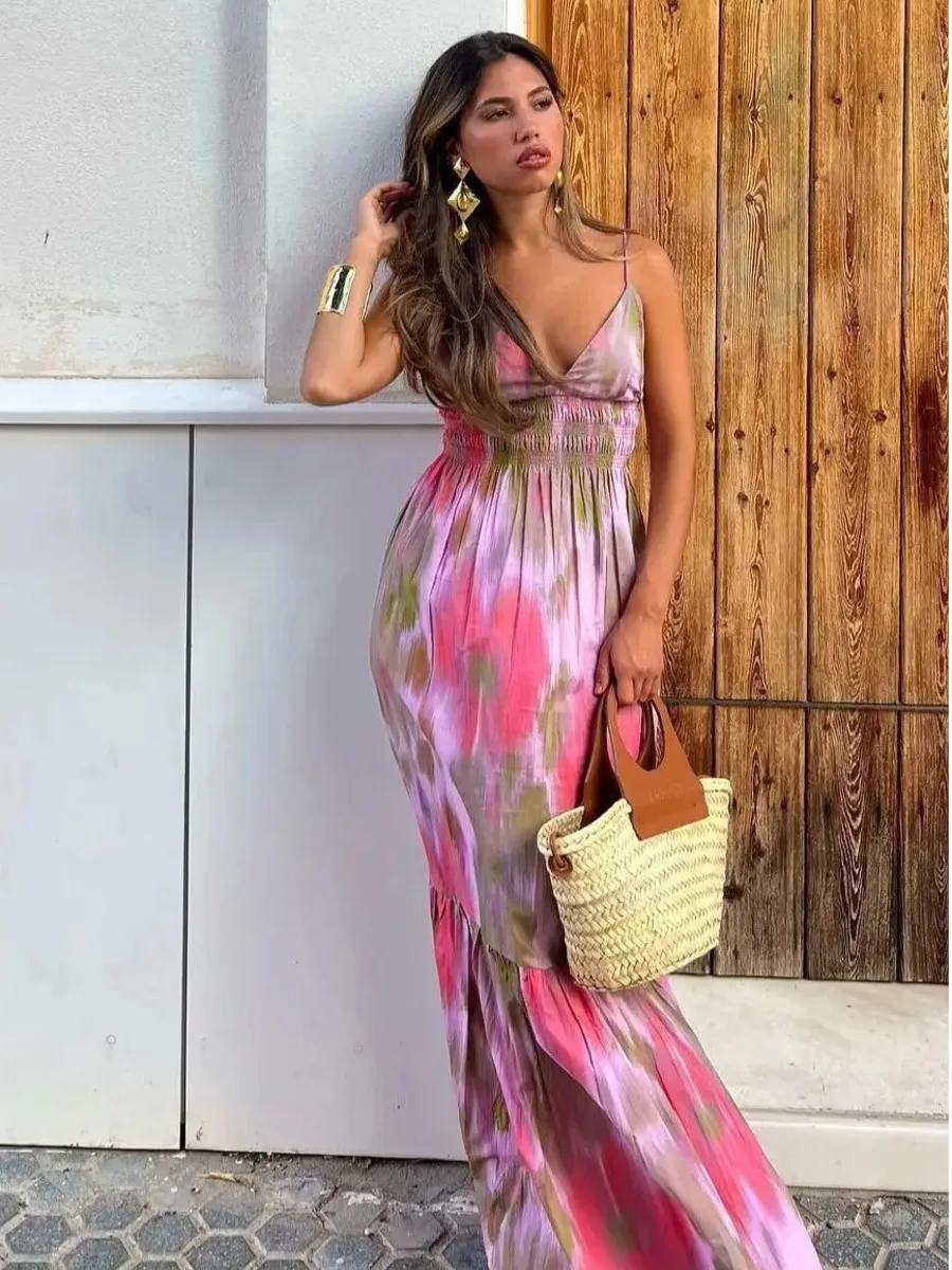 ชุดเดรสแฟชั่นพิมพ์ลายเอวยางยืดเปิดหลังผูกเชือกสไตล์วินเทจ สายเดี่ยว คอวี ความยาวปานกลาง สำหรับผู้หญิง ใส่เที่ยวพักผ่อน ชิคๆ ไปทะเล 5WU7