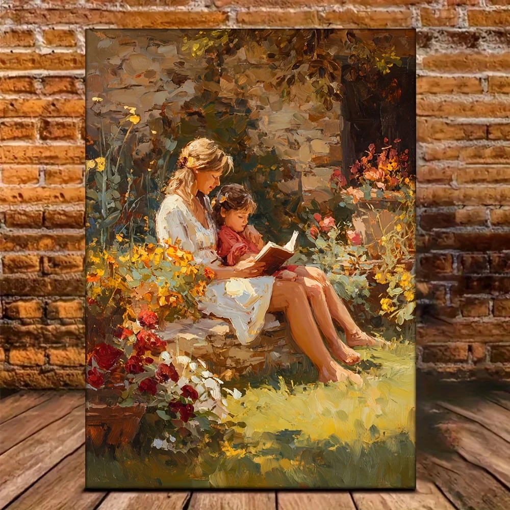 (No frame)1pc, with Frame, 12x16inch [2D Flat] HD Oil Painting Mother and Child Reading in a Sunlit Garden Summer Painting, C