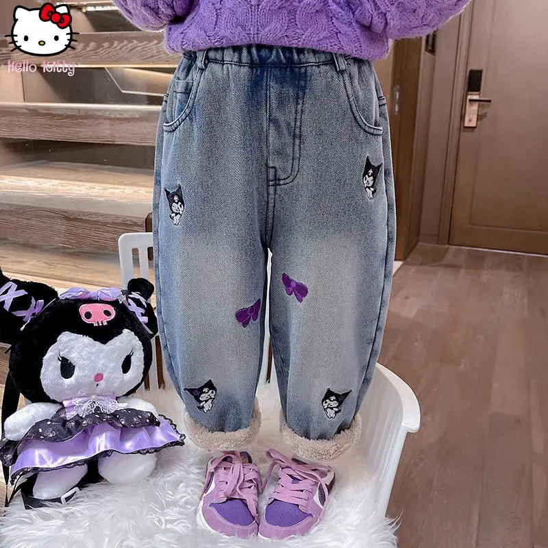 

Утепленные цельные джинсы Kuromi для девочек Kawaii, новые детские теплые прямые брюки с героями мультфильмов на осень и зиму, широкие брюки Sanrio