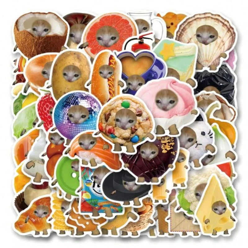 50 Stück lustige Lebensmittel Katze Meme wasserdichte Graffiti Aufkleber ästhetische dekorative Aufkleber Laptop Telefon Kühlschrank Scrapbooking Aufkleber Geschenk