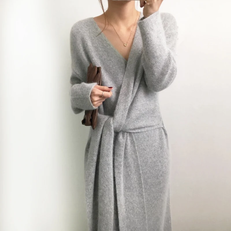 

Gray Soft Woolen Dress Women Cross Spaghetti Winter 2023 V-neck Runway Design Knitted Vestido Women Clothing Chic Knitwear