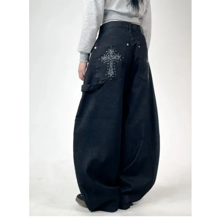 

Casual High Waist Wide Leg Jeans Pocket Camouflage Print Lazy Style Design Worn Washed Long Pants Floor Length Women's Jeans