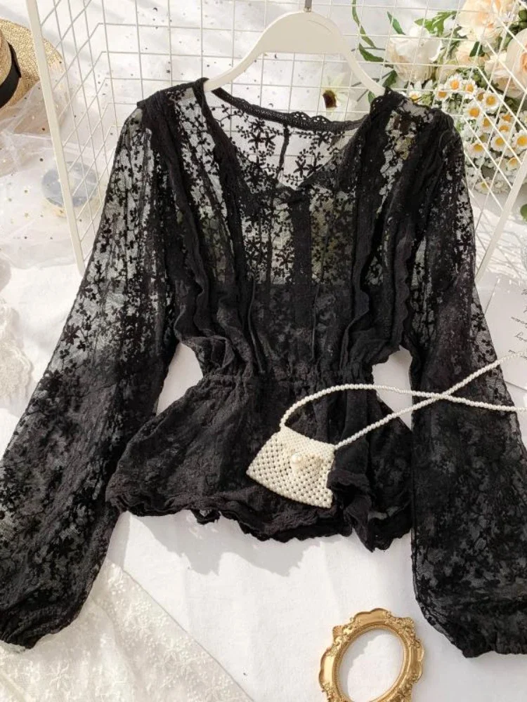 Spring Lace Blouse Shirt Short Ladies French Retro Palace Lantern Sleeves Lotus Leaf Lace Shirts Tops