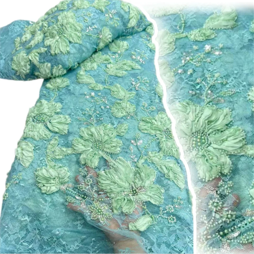 

Новинка 2026: 3D-кружевная ткань с африканской сеткой и бисером, 5 ярдов, высококачественная нигерийская ткань с пайетками для свадебных платьев, модель 2251